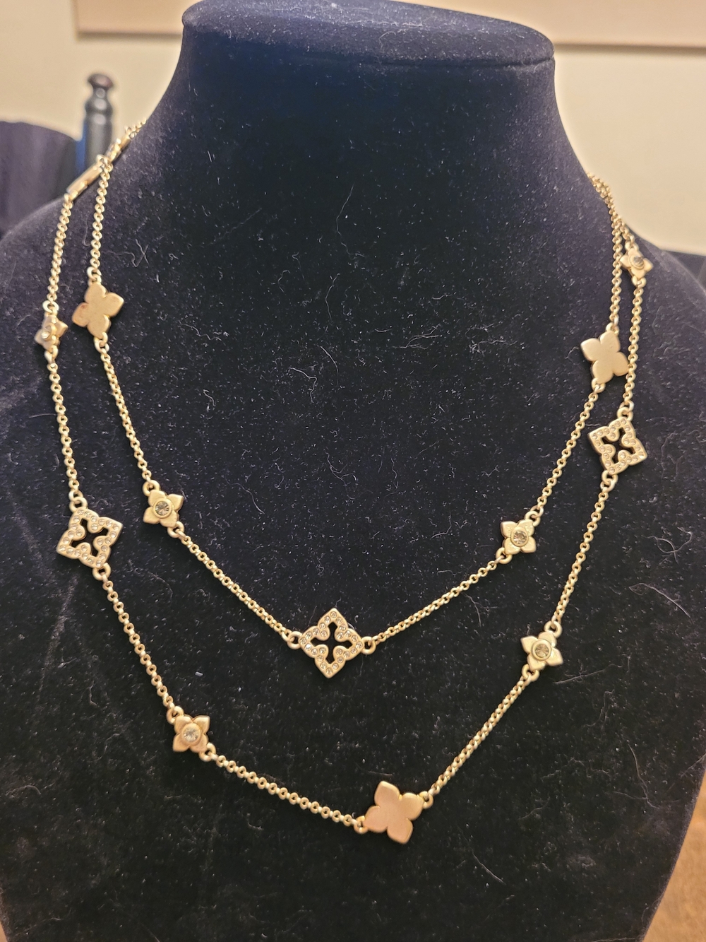 Vintage Lia Sophia Gold-Tone Clover & Quatrefoil Rhinestone Necklace 40-42" Adj.